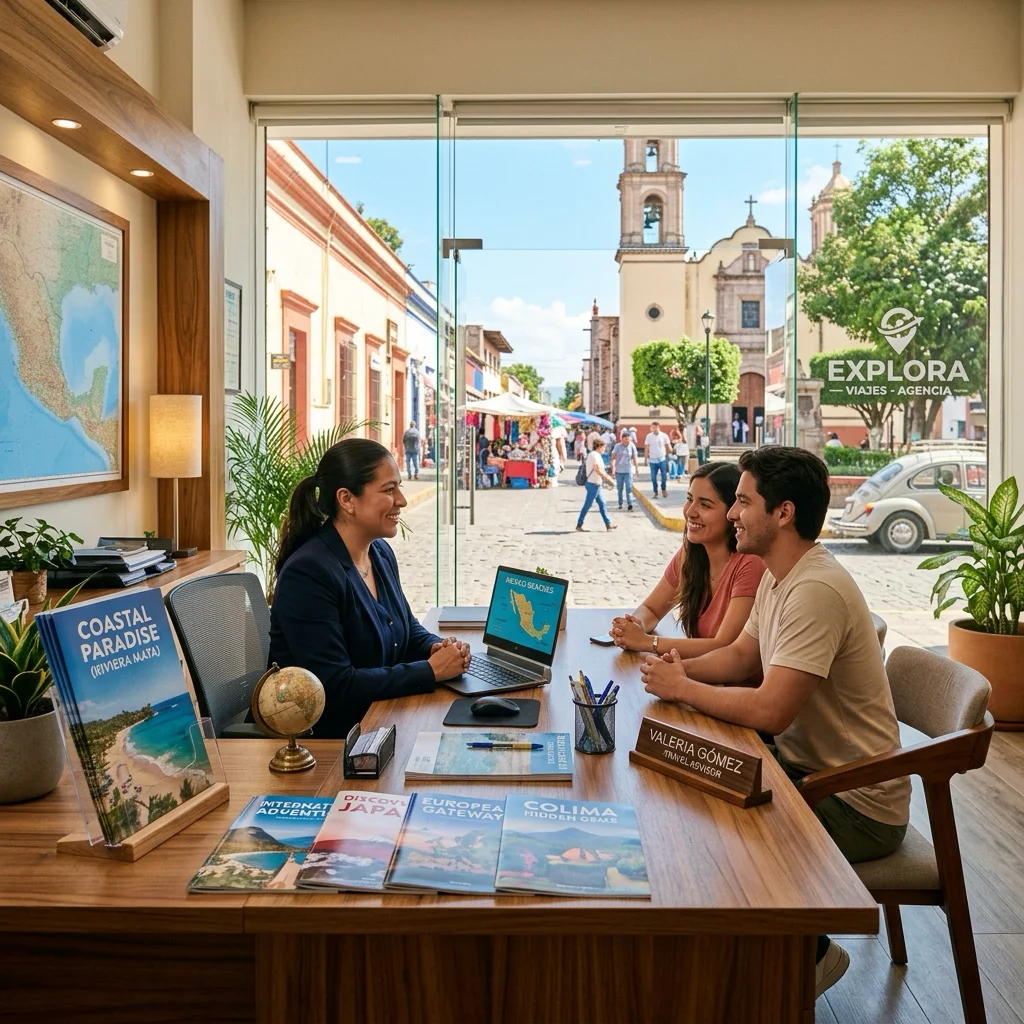 Interior de una moderna oficina de agencia de viajes en Villa de Álvarez