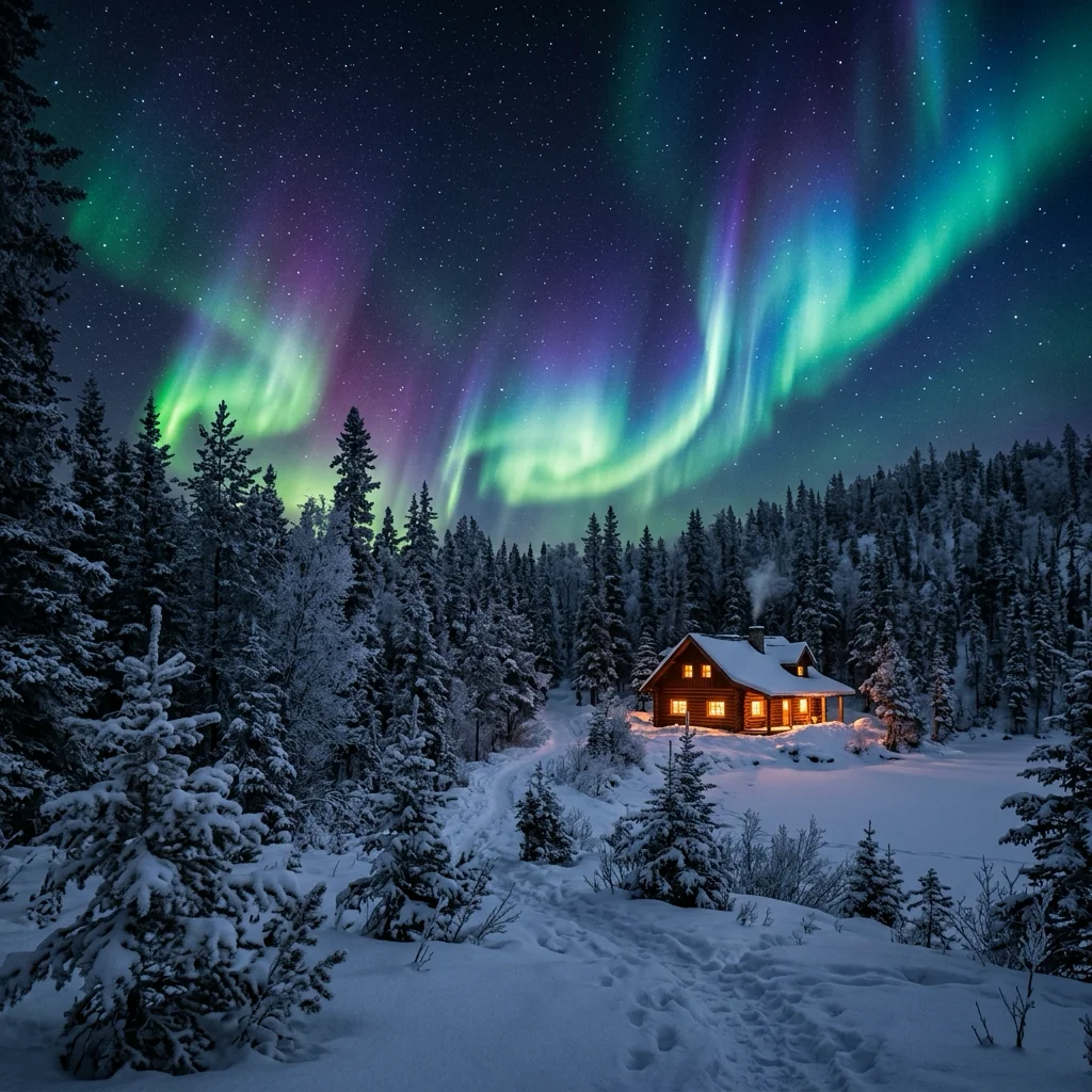 Danza de auroras boreales cósmicas en el cielo canadiense nevado sobre un lago congelado