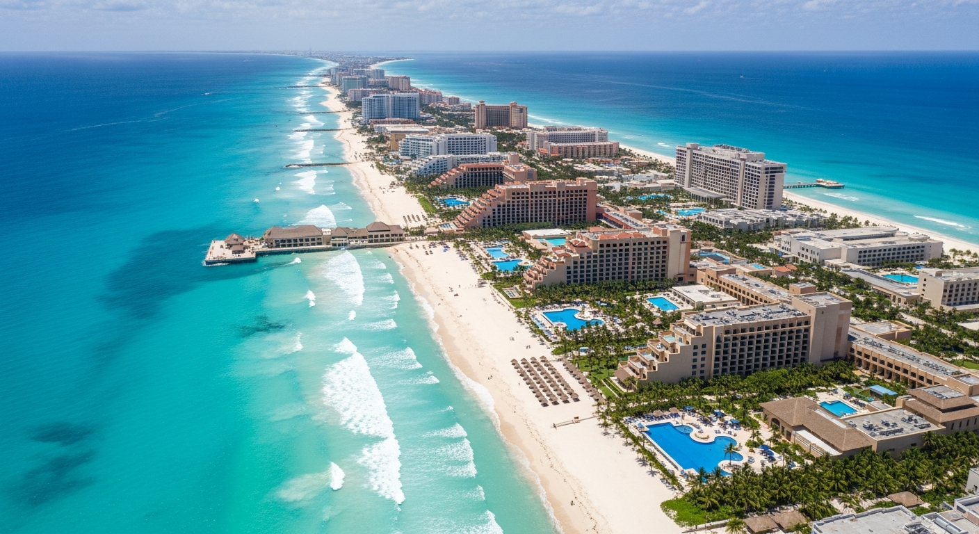 Playa de Cancún con agua turquesa cristalina y arena blanca