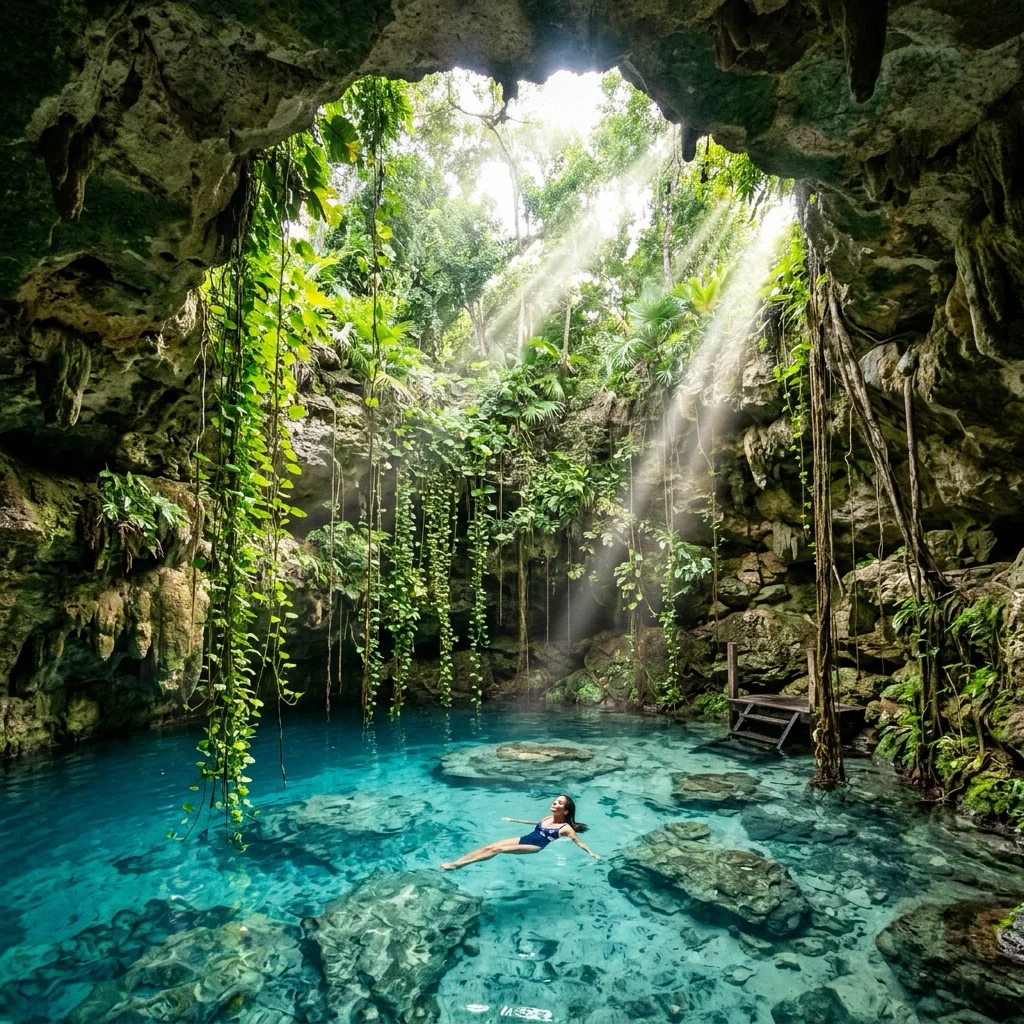 Turistas nadando bajo la cueva de un cristalino cenote en la Riviera Maya