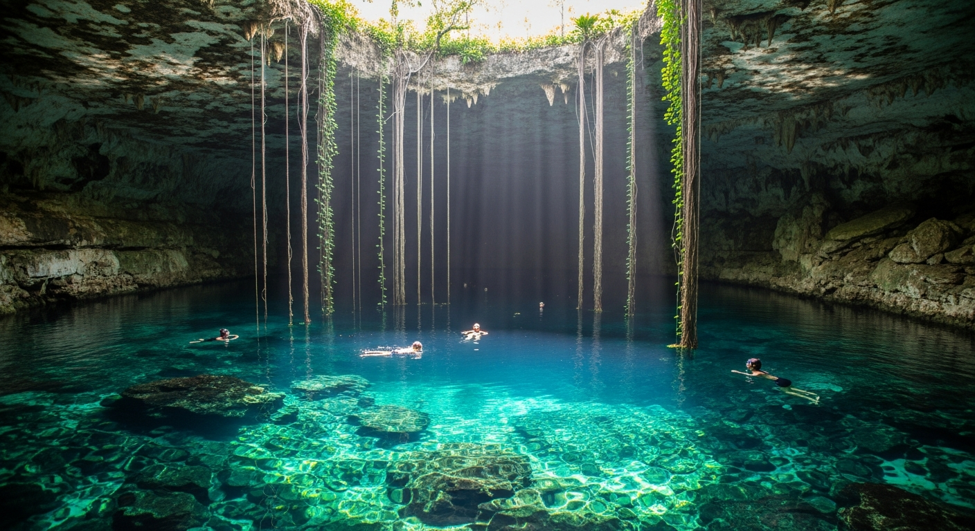 Atardecer dorado en la playa de Cancún con palmeras