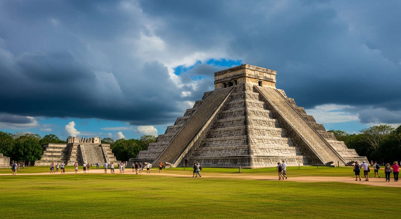 Pirámide de Chichén Itzá bajo cielo azul, una de las 7 Maravillas del Mundo