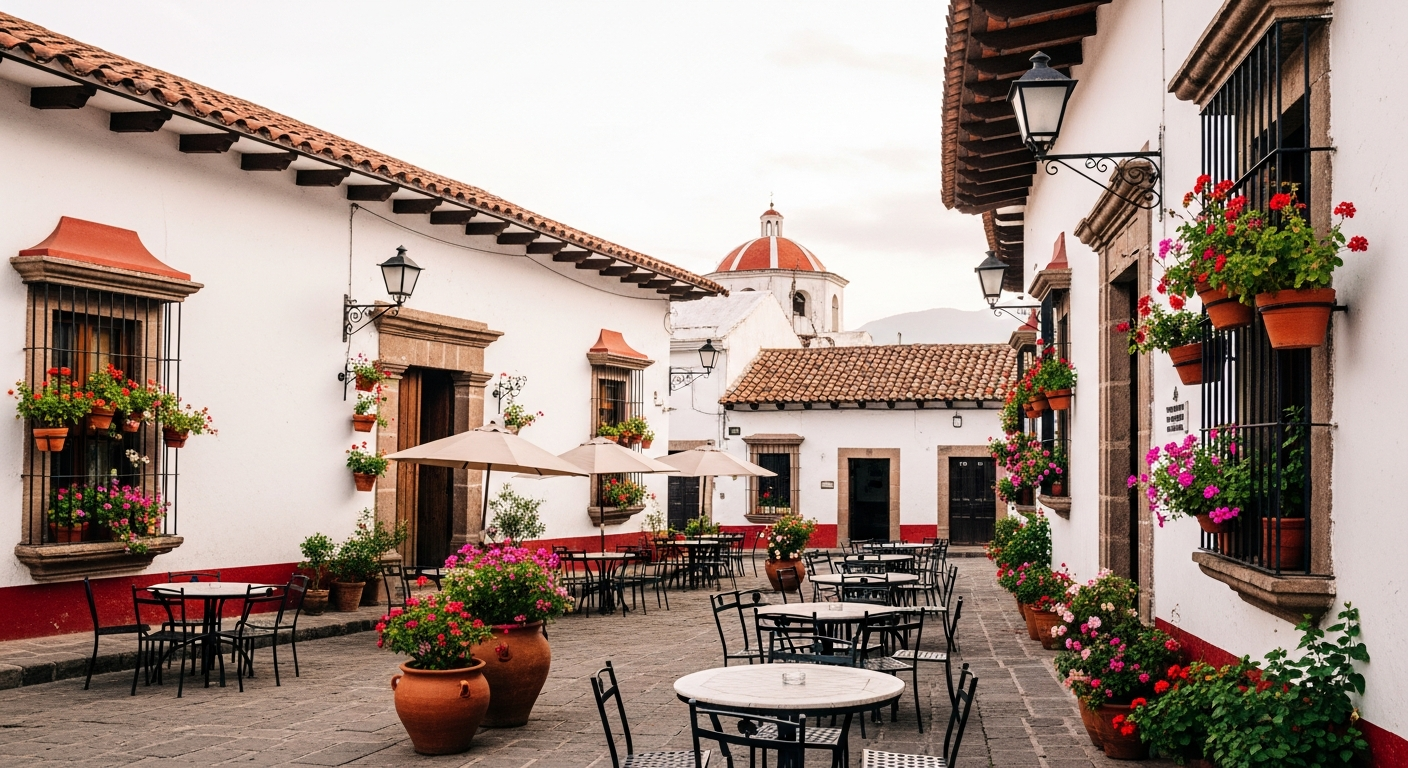 Plaza colonial mexicana con arquitectura blanca y vegetacion tropical similar a Comala