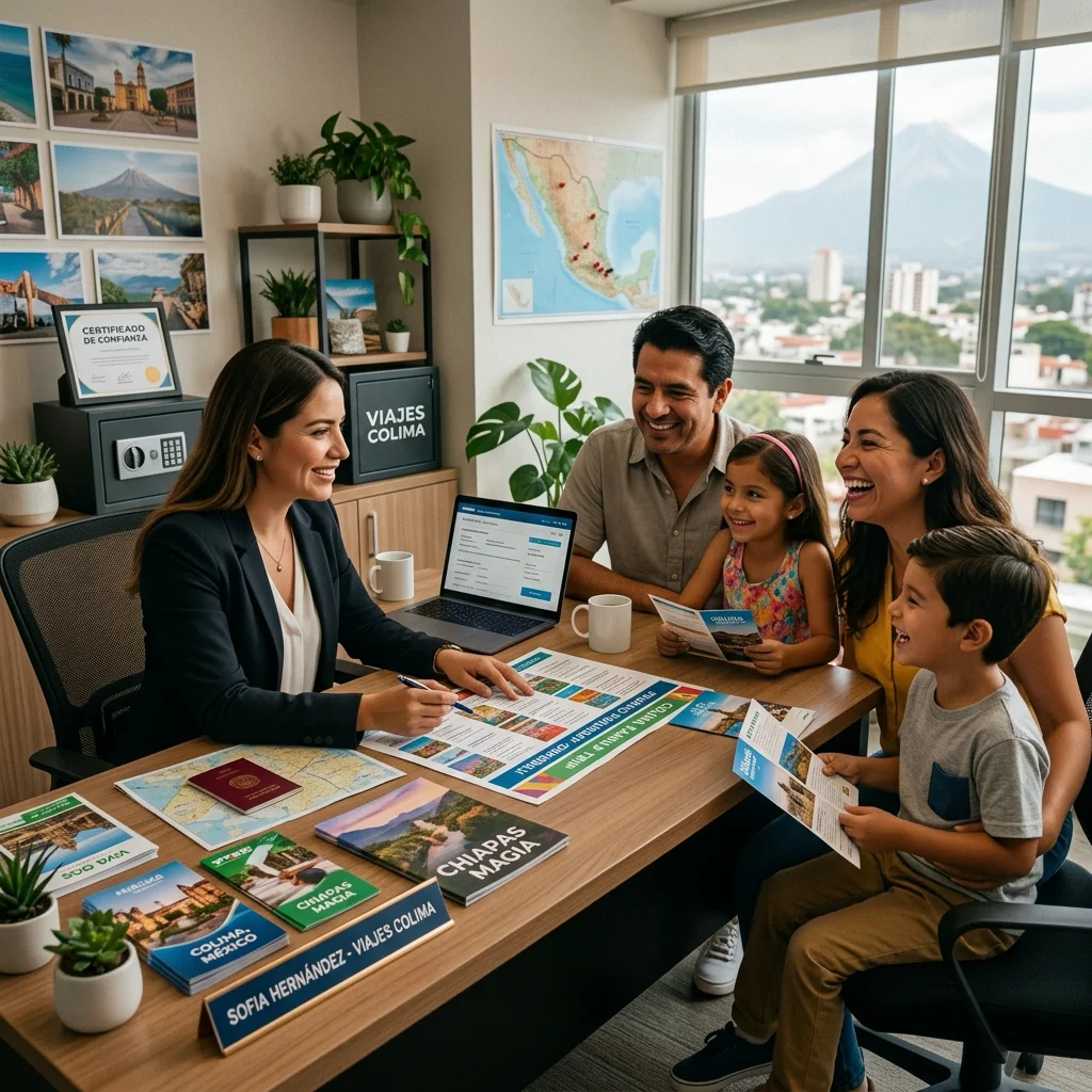 Agente de viajes entregando itinerario seguro y confiable a familia colimense contenta dentro de agencia de Villa de Alvarez