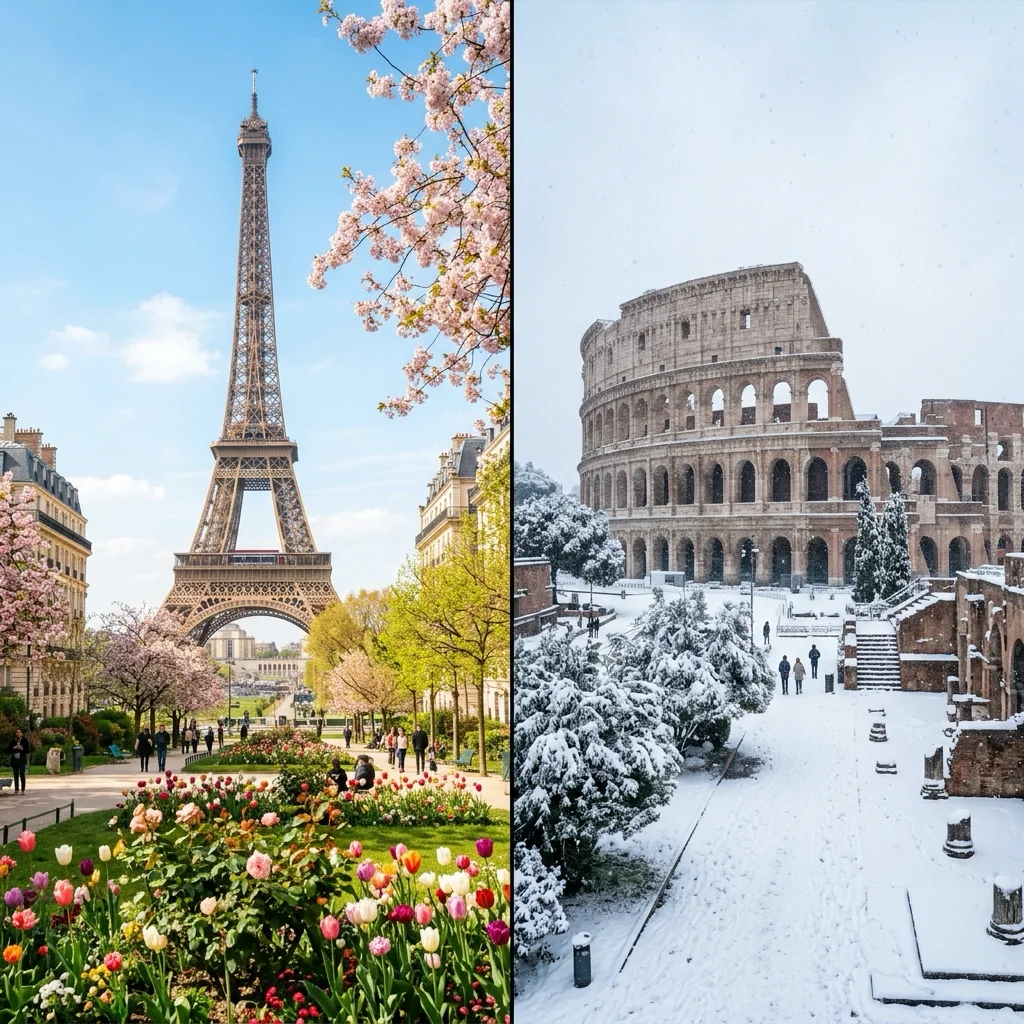 París en temporada de primavera al lado de Roma nevando en invierno, contraste de viaje europeo