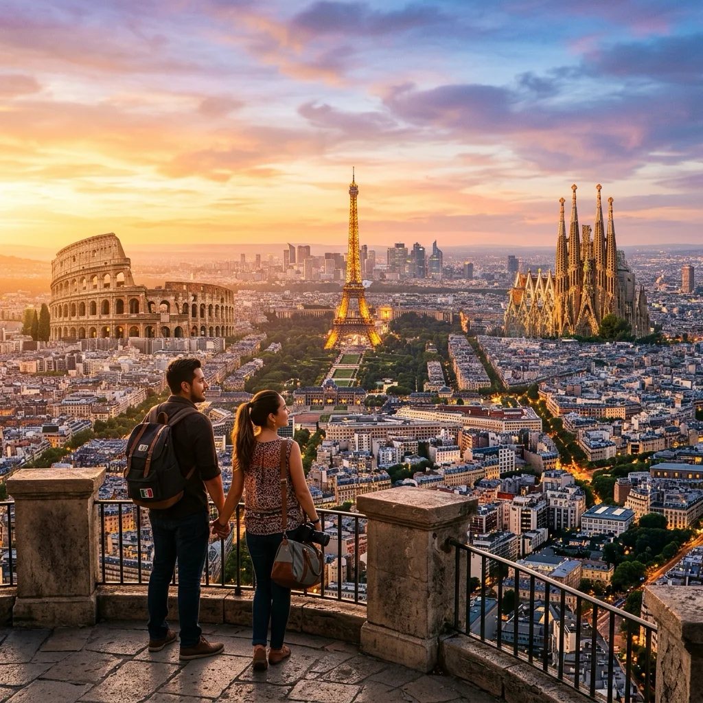 Pareja mexicana contemplando Europa con Torre Eiffel y Coliseo — cuánto cuesta viajar a Europa desde México