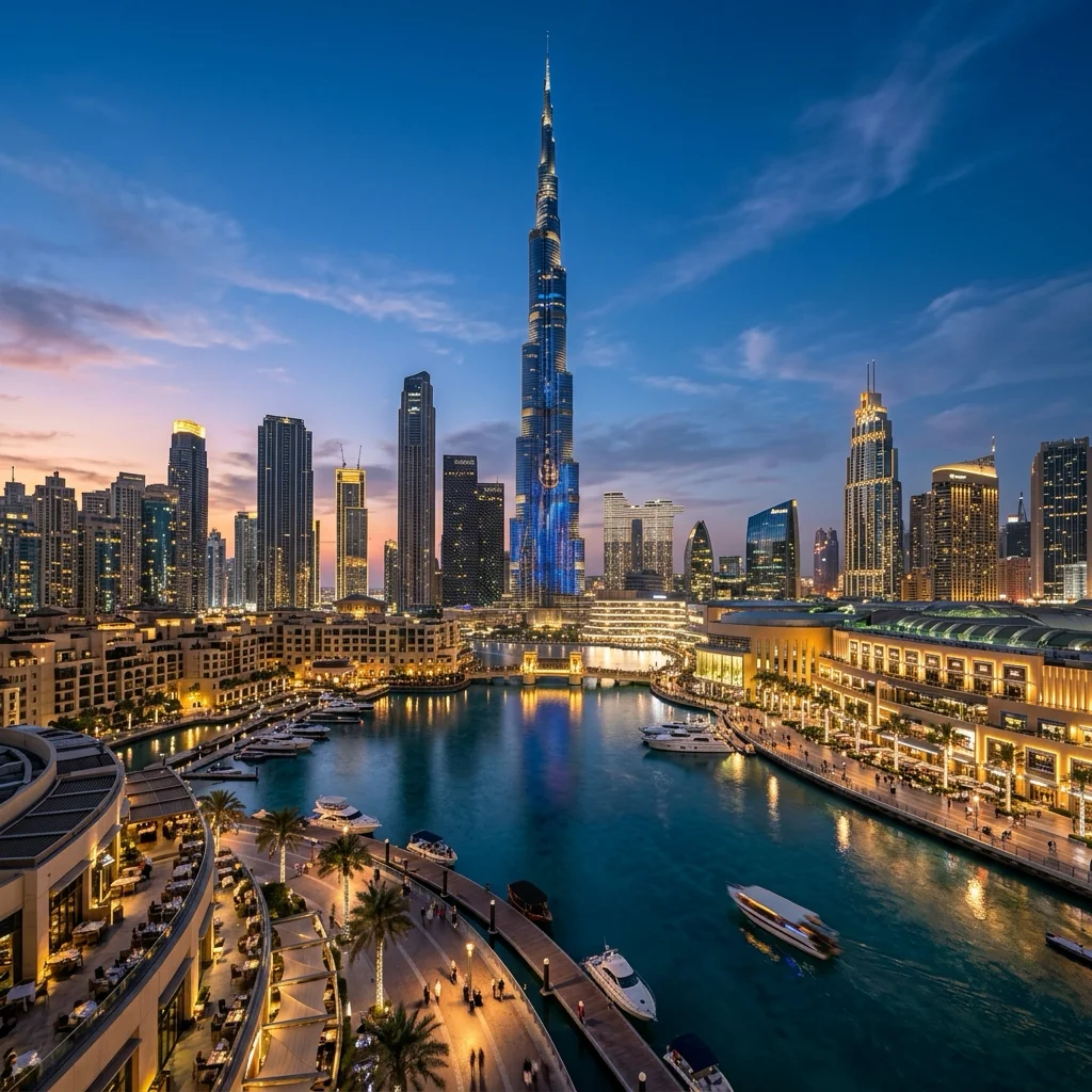 Futurista skyline de Dubái con el Burj Khalifa brillando al atardecer