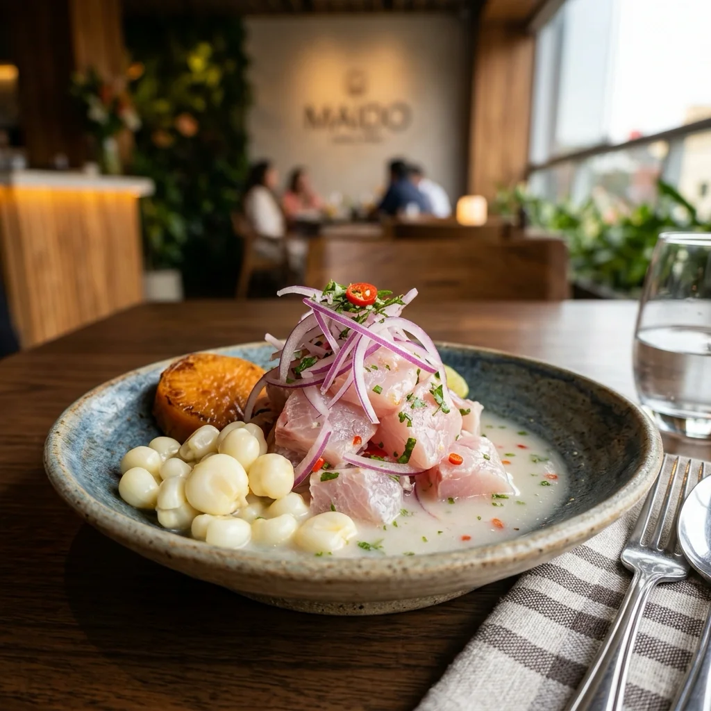 Fotocaptura cinematográfica hiper-realista del tradicional plato de ceviche limeño servido en estéticas gamas sobre un local