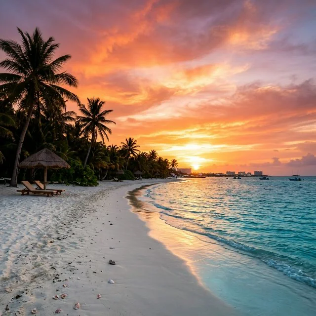 Atardecer en playa tropical de Cancún México — mejores destinos desde Colima