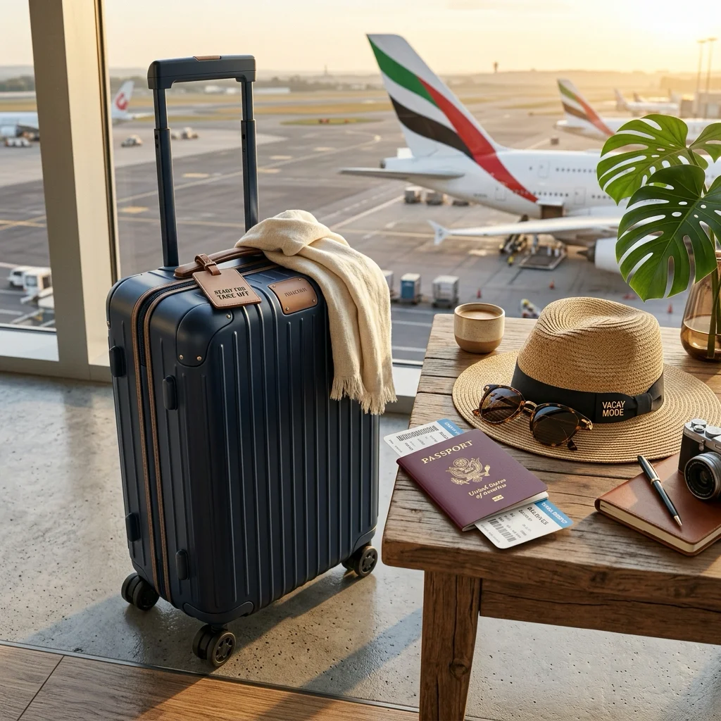 Elegante equipaje de viaje con implementos tropicales al lado de un aeropuerto
