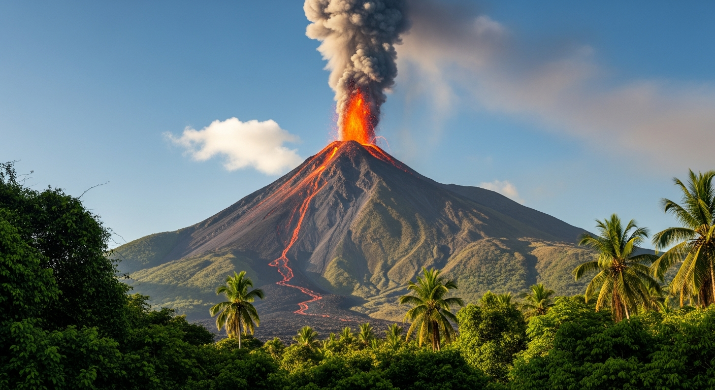 Volcan de Fuego de Colima con fumarolas al atardecer
