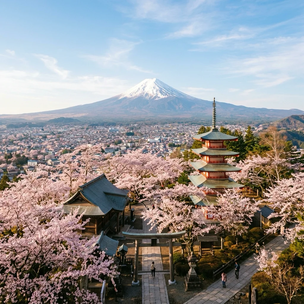 Templo japonés con vistas al Monte Fuji rodeado de cerezos