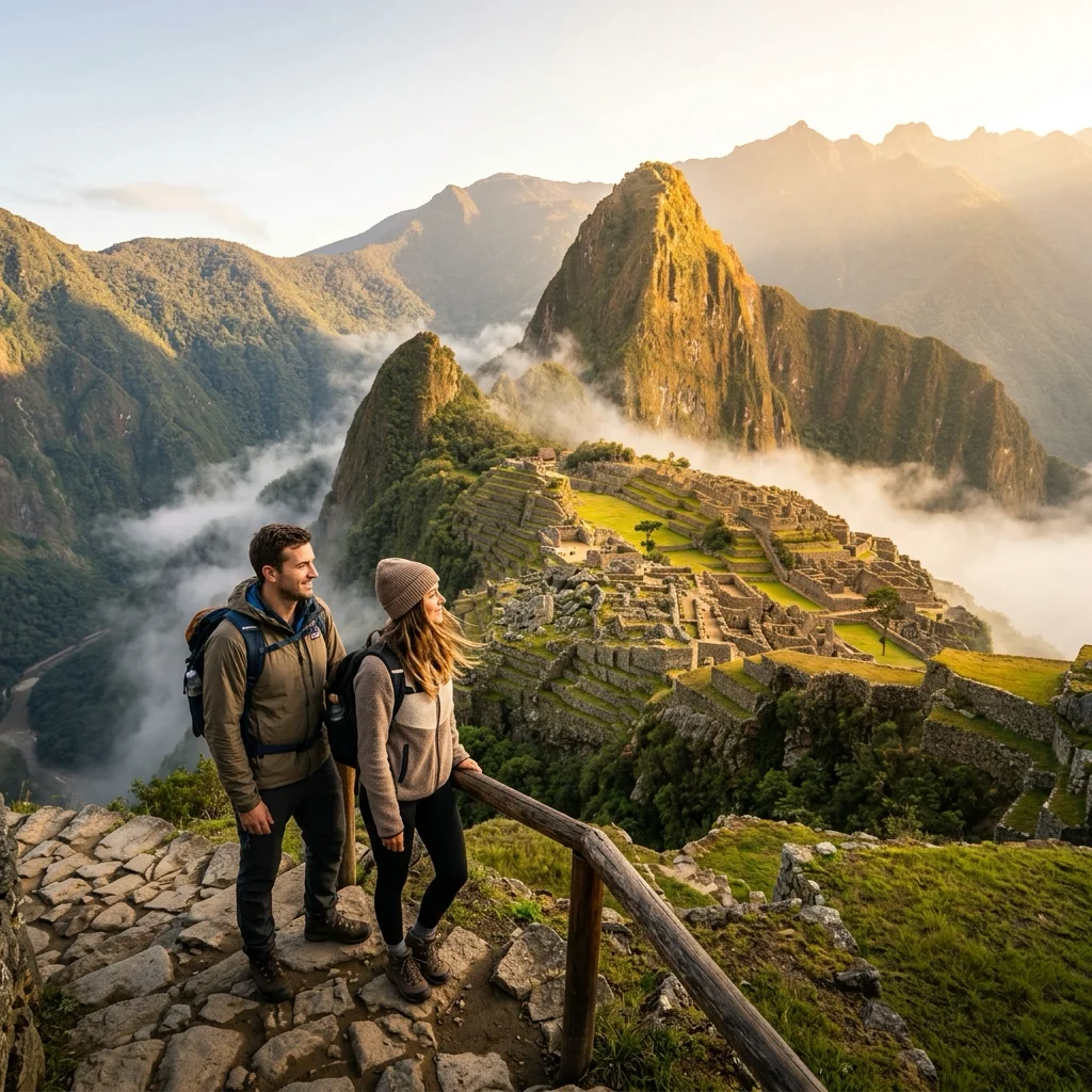 Turistas contemplando las ruinas andinas de machu picchu doradas por el sol