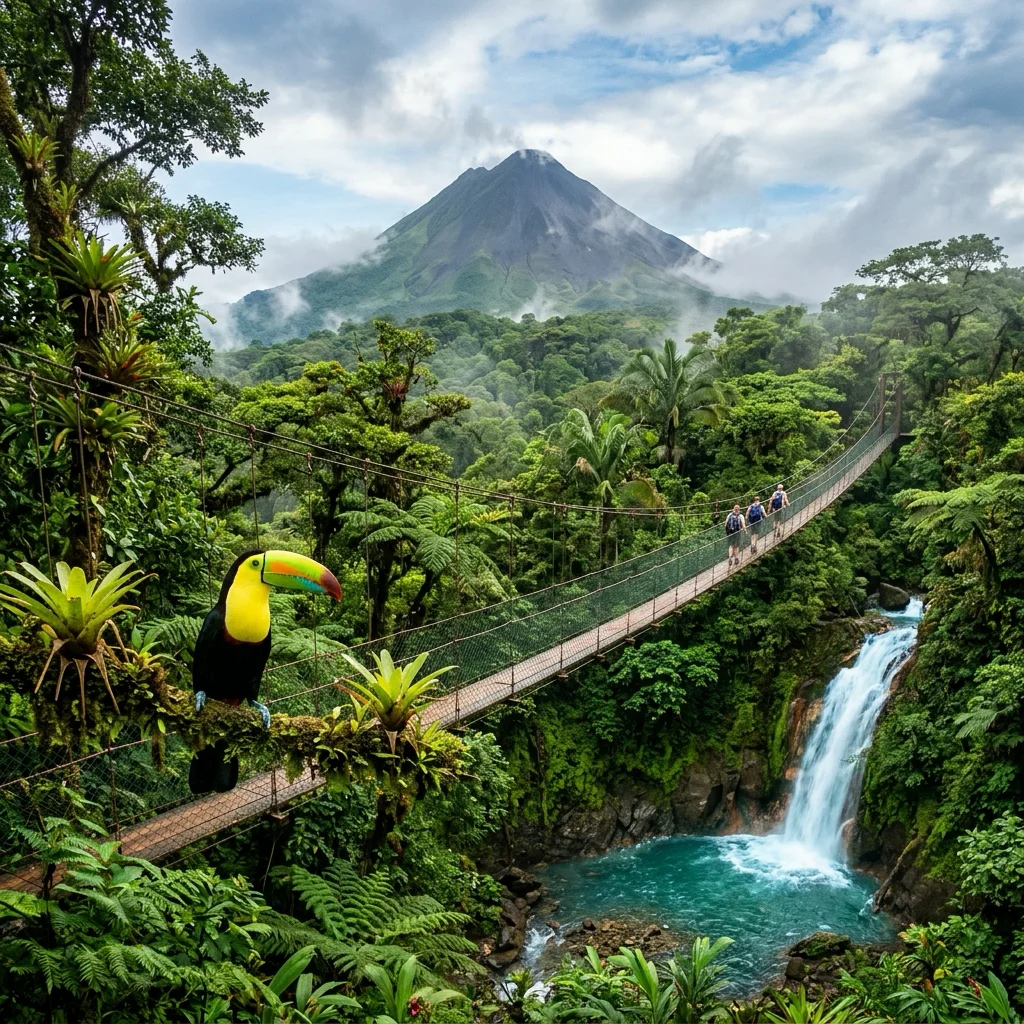 Volcán Arenal Costa Rica con selva tropical y tucán — viajes a Costa Rica todo incluido