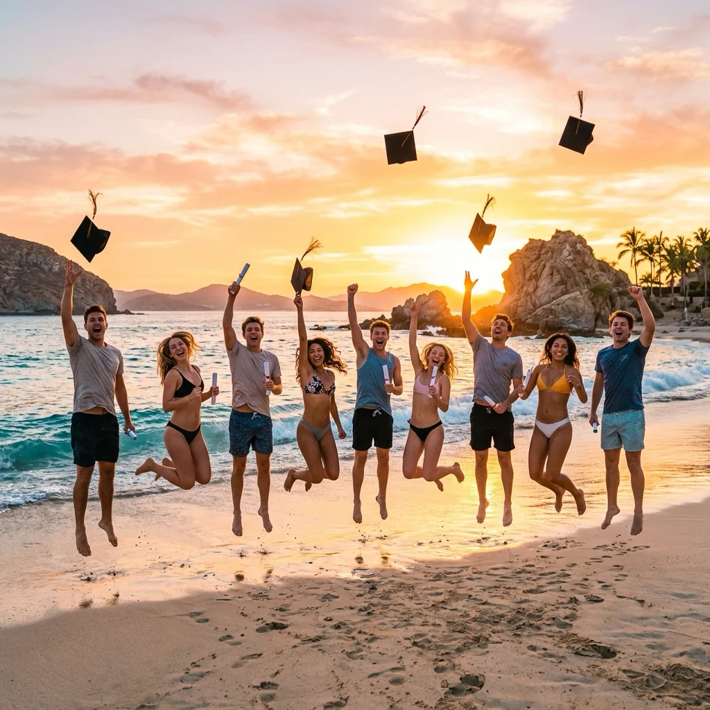 Estudiantes universitarios de viaje de graduacion en la playa celebrando
