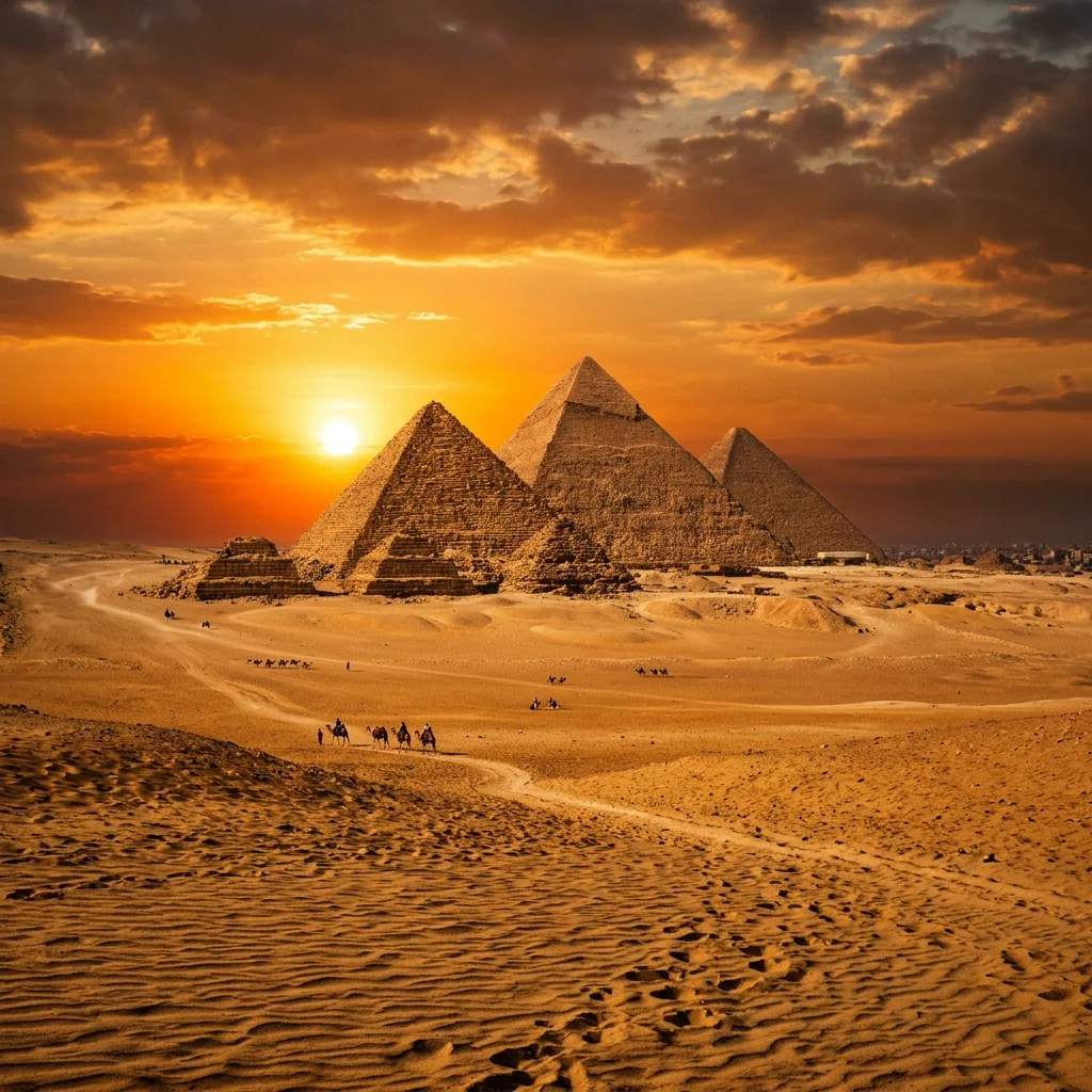 Majestuosas Pirámides de Giza al atardecer doradas — viajes a Egipto y Dubai