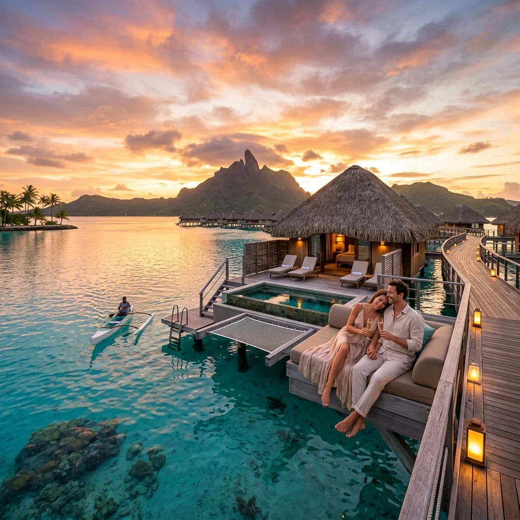 Resort de lujo overwater en Maldivas al atardecer, destino ideal para luna de miel desde Colima