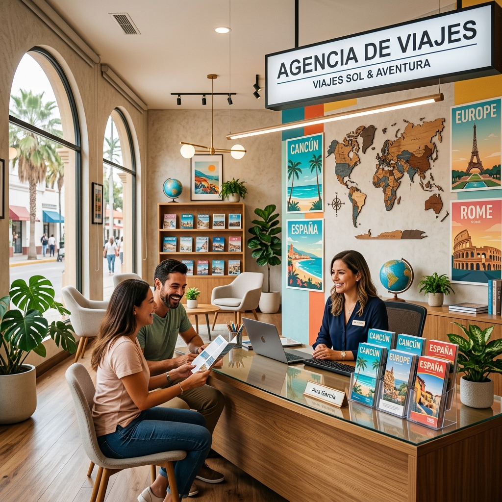 Interior profesional de la oficina de RS Viajes Rey Colimán con mapas mundiales y folletos de destinos